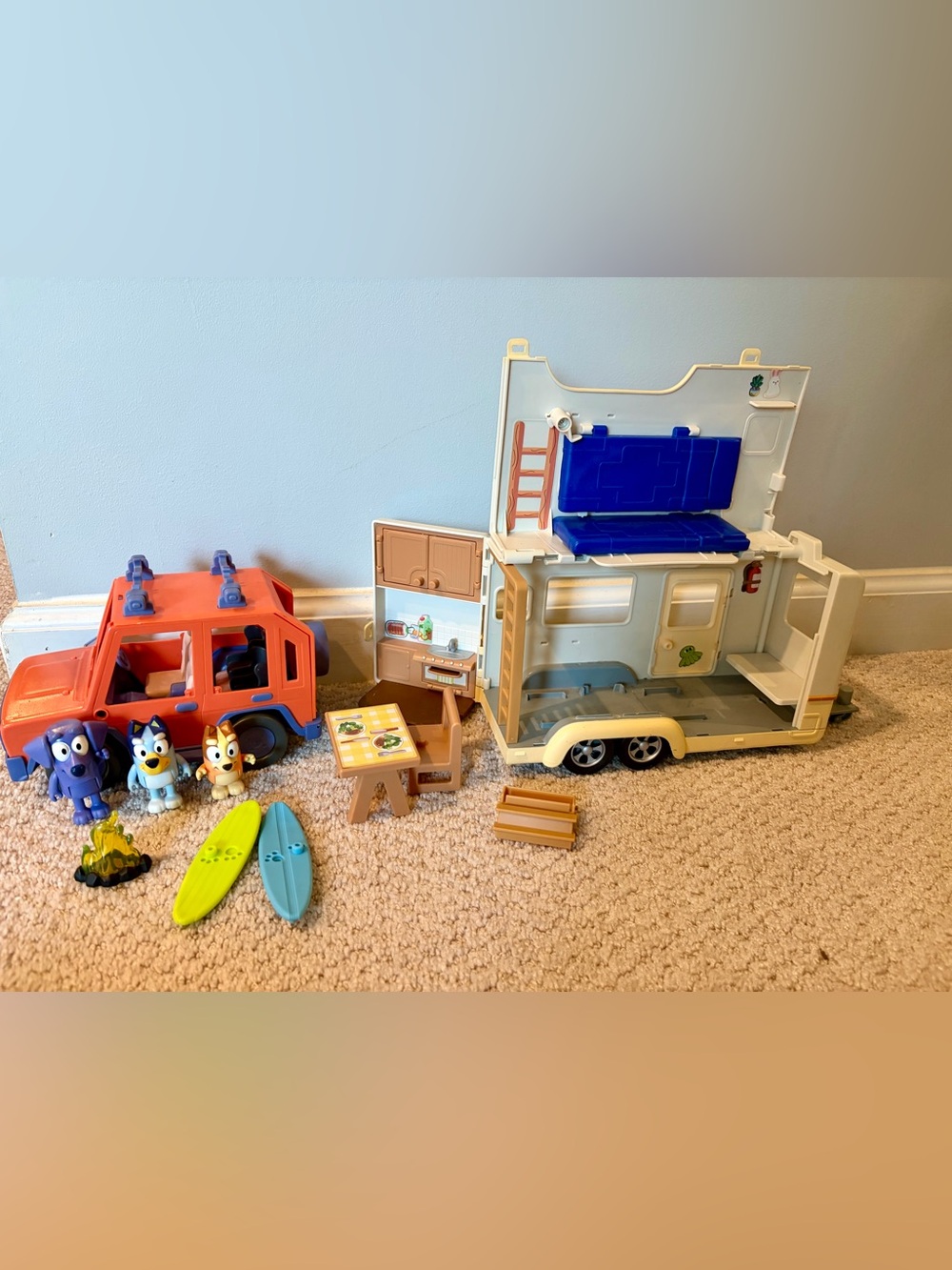 Bluey Kids Toy Camper Playset with car, camper, and accessories